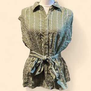 Max Studio Women’s Green White Cap Sleeve Button-Front Tie-Collar Shirt